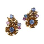 A pair of rose gold varicoloured sapphire clip earrings, c.1950,