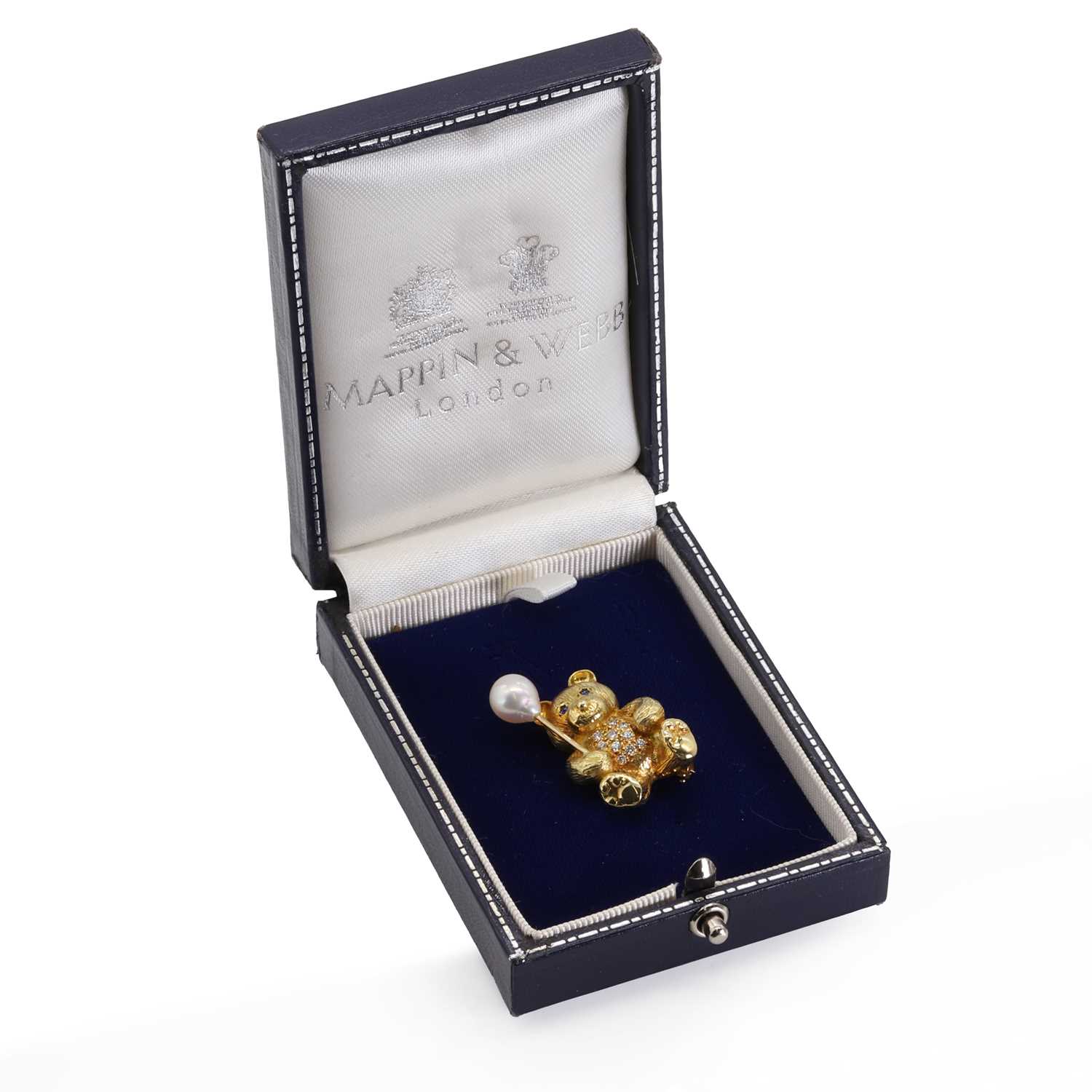 An 18ct gold cultured pearl, sapphire and diamond teddy bear brooch, - Image 3 of 3