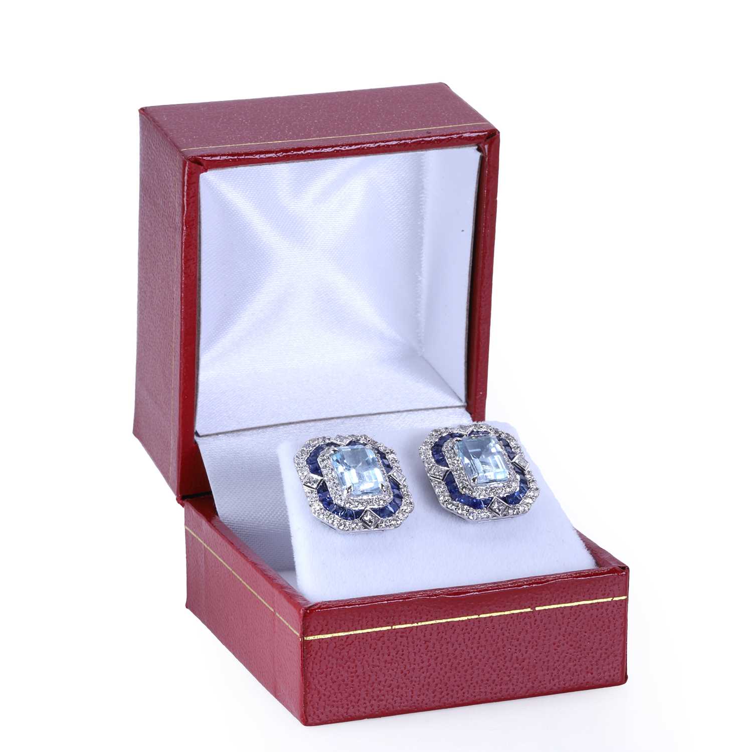 A pair of Art Deco style aquamarine, sapphire and diamond stud earrings, - Image 3 of 3