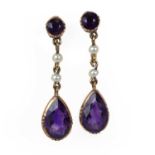 A pair of Edwardian gold amethyst and seed pearl drop earrings,