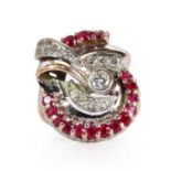 A diamond and synthetic ruby swirl design ring, c.1940-1950,