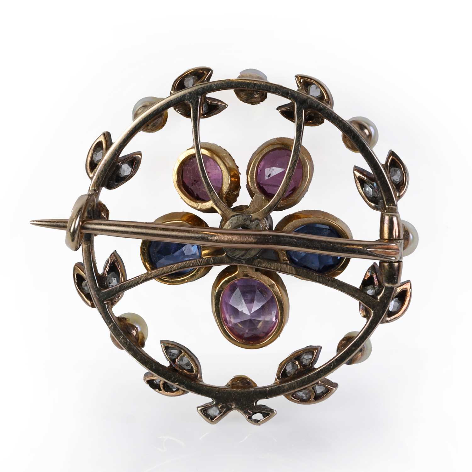 A blue and pink sapphire, diamond and split pearl wreath brooch, - Image 2 of 2