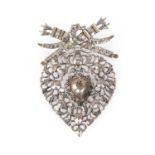 An antique silver and gold, diamond set Flemish/Vlaams heart brooch,