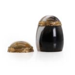 A gold mounted barrel shaped banded agate snuffbox,