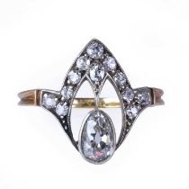 A diamond drop-shaped cluster ring,