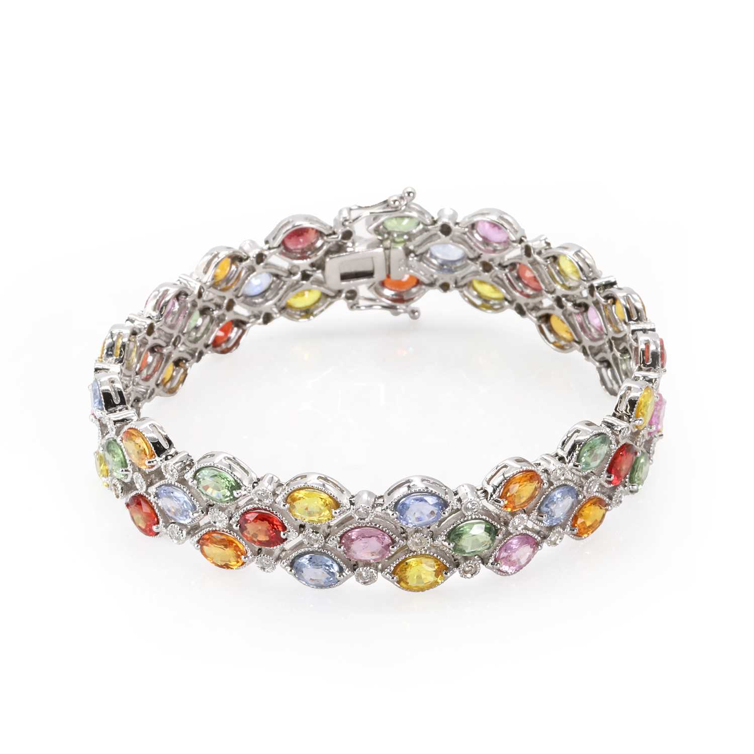 A white gold, three row varicoloured sapphire and diamond bracelet, - Image 3 of 3