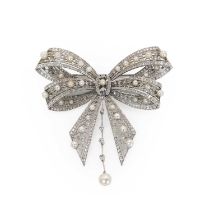 A diamond and pearl ribbon bow brooch, c.1915,