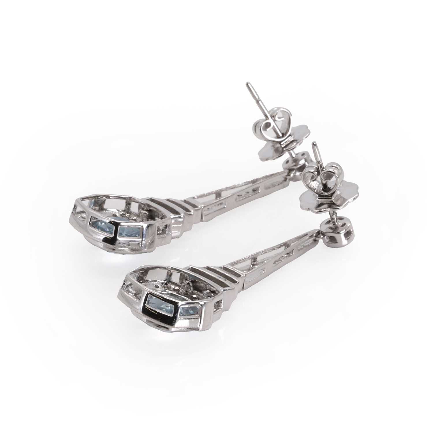 A pair of aquamarine and diamond long drop earrings, - Image 2 of 3