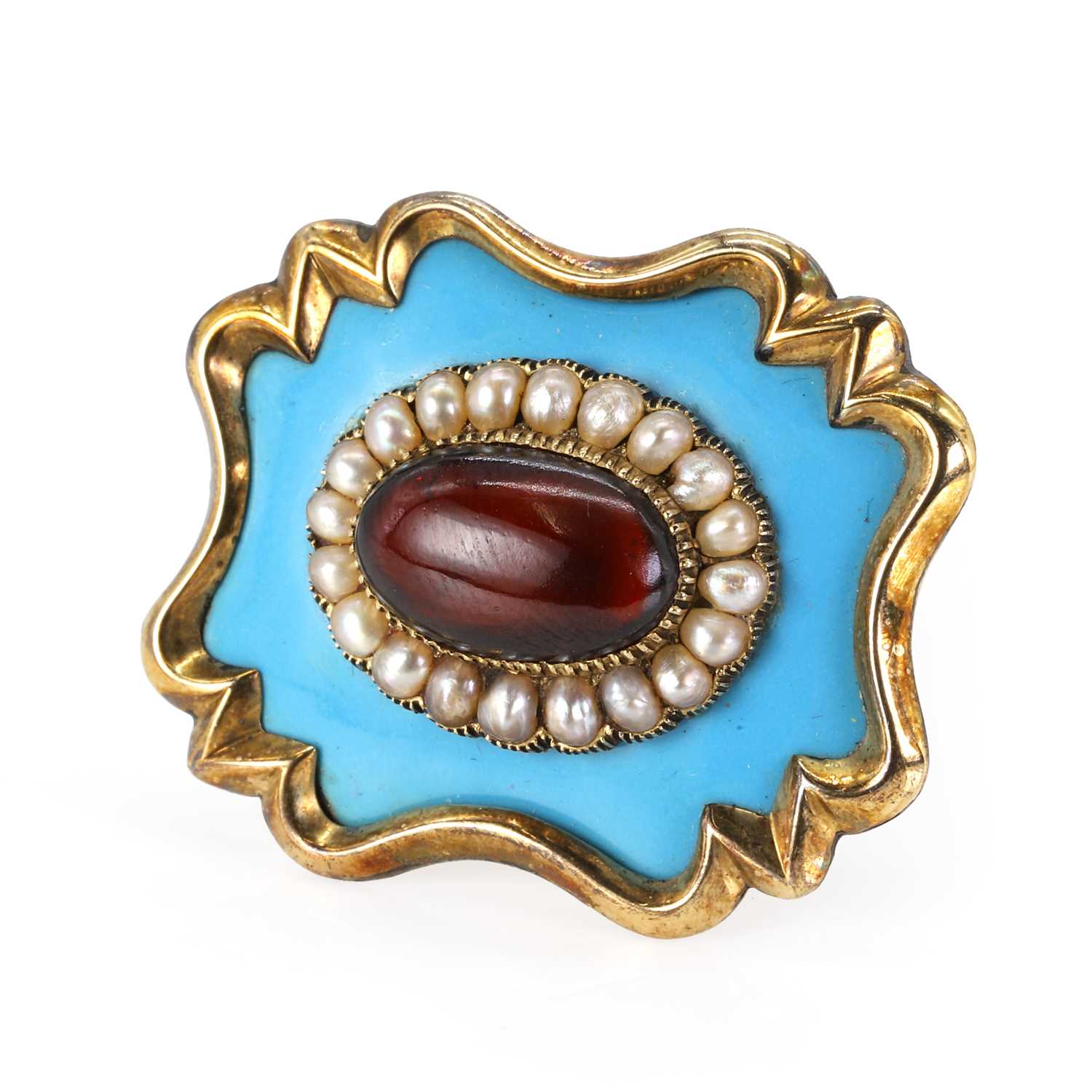 A turquoise enamel, seed pearl and cabochon garnet memorial brooch,