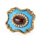 A turquoise enamel, seed pearl and cabochon garnet memorial brooch,