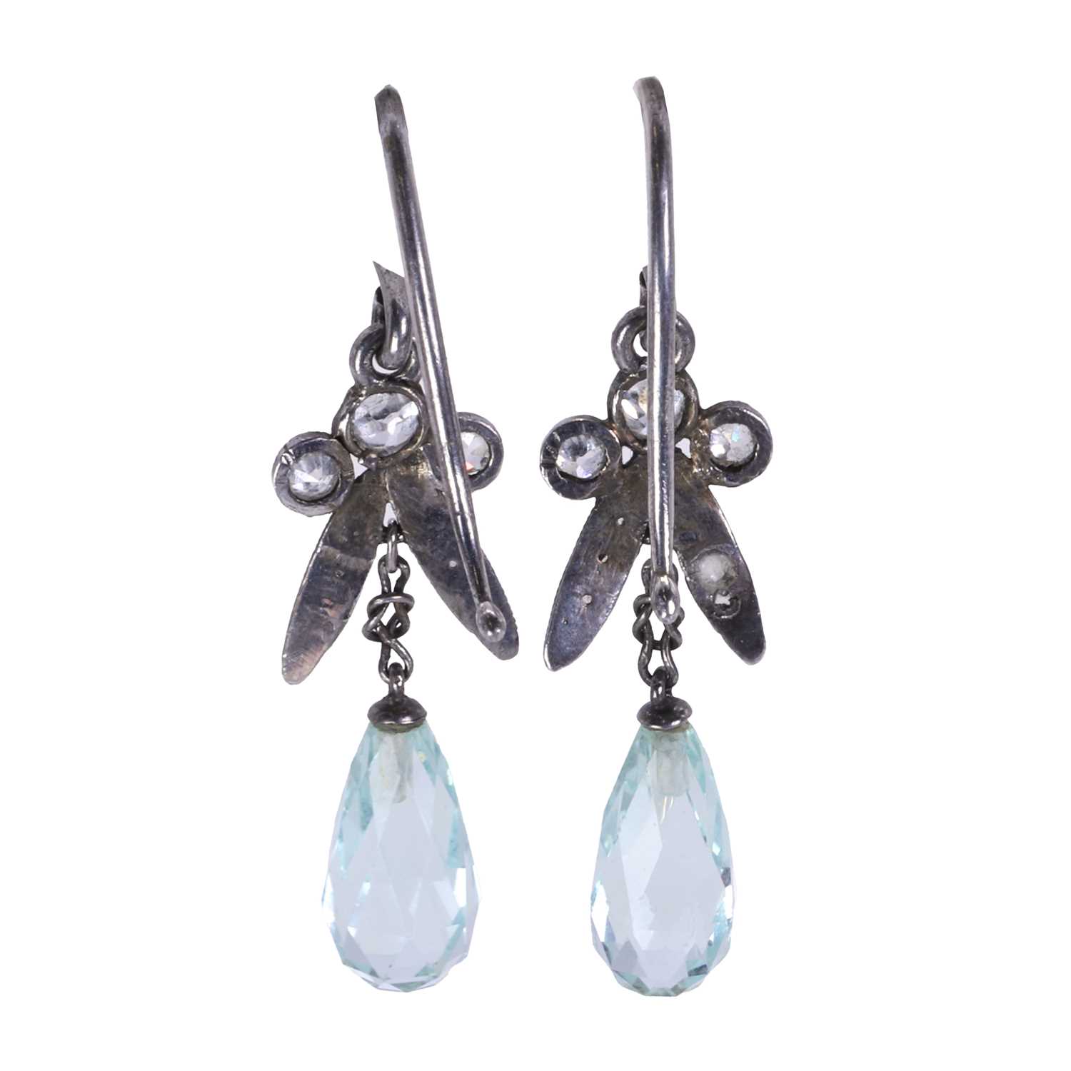 A pair of old cut diamond and aquamarine drop earrings, - Image 2 of 2