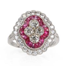 A ruby and diamond quatrefoil cluster ring,