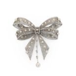 A diamond and pearl ribbon bow brooch, c.1915,