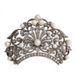 A pearl and diamond openwork foliate design brooch, c.1900,