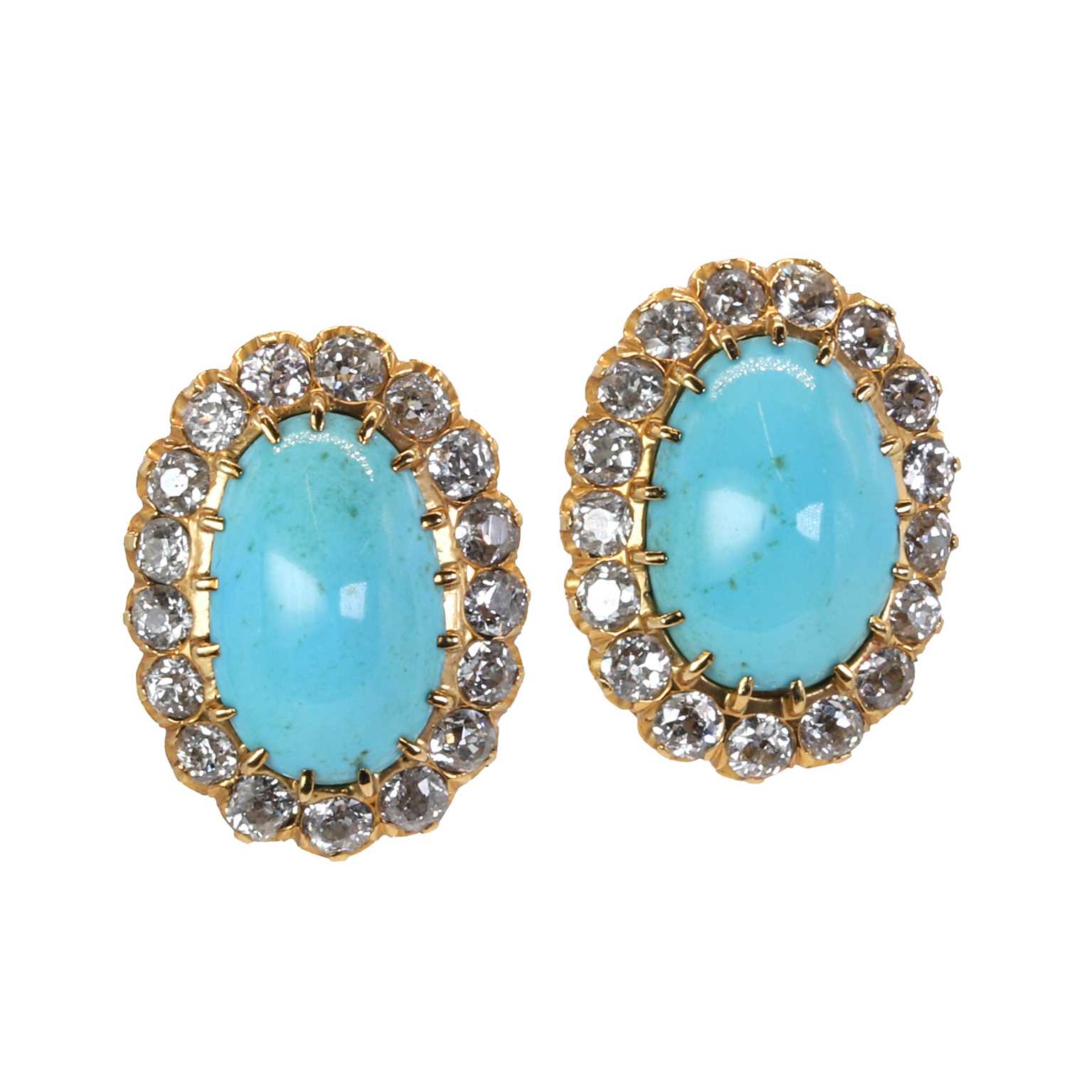 A pair of turquoise and diamond cluster clip earrings,