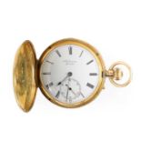 An 18ct gold side wind hunter pocket watch, by J.W. Benson,