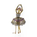 A gold ruby and diamond set Ballerina brooch,