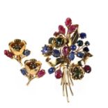 A varicoloured gemstone spray brooch and earrings set, c.1940-1950,