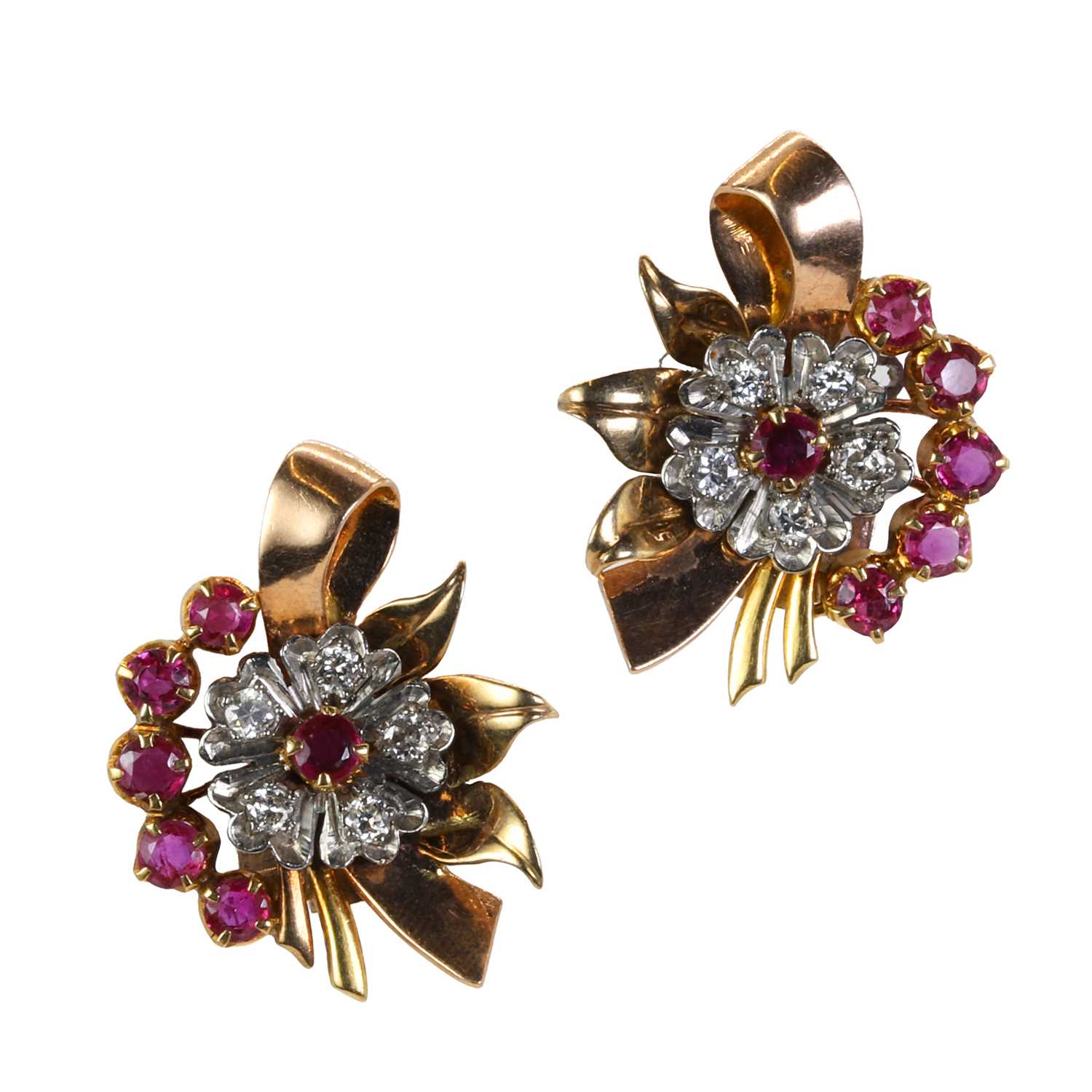 A pair of bicoloured gold ruby and diamond clip earrings, c.1950,