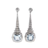 A pair of aquamarine and diamond long drop earrings,