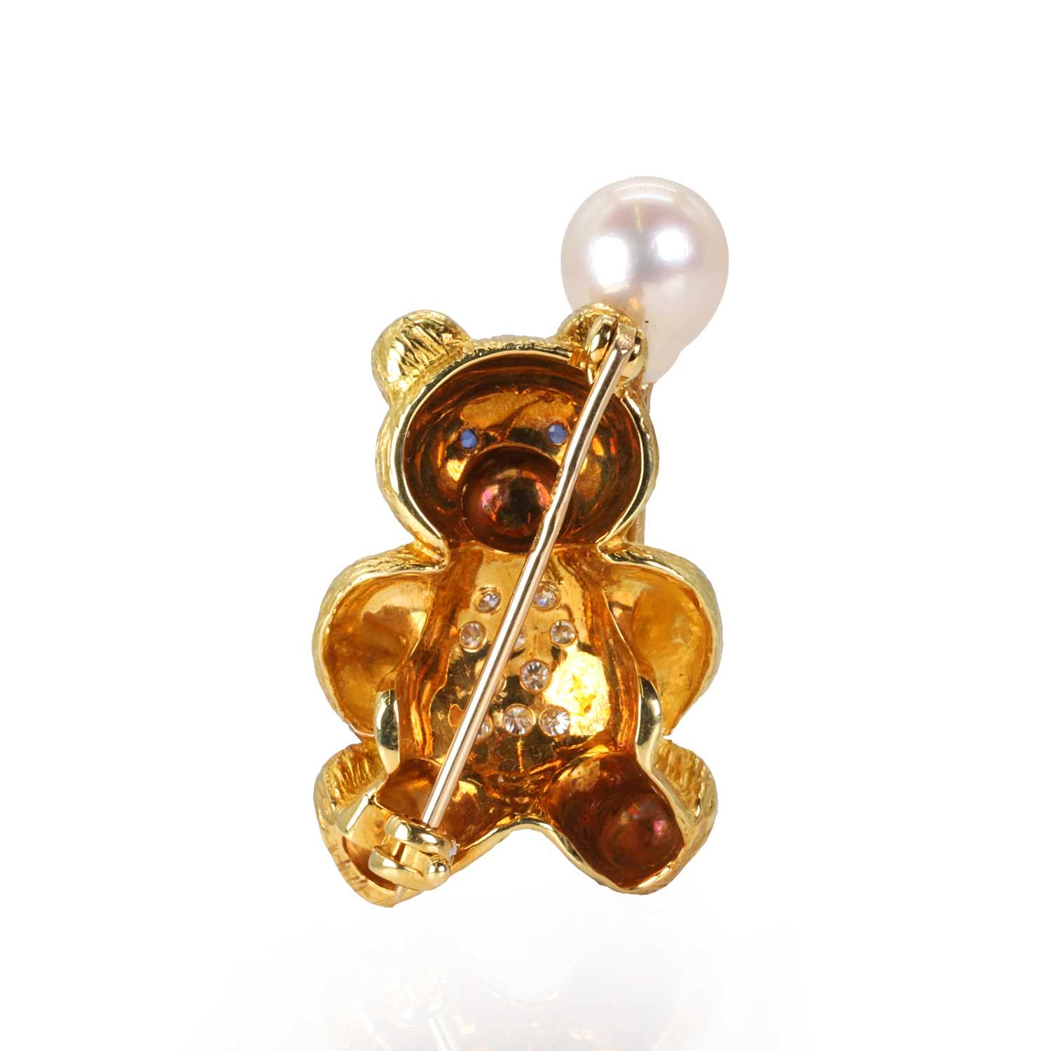 An 18ct gold cultured pearl, sapphire and diamond teddy bear brooch, - Image 2 of 3