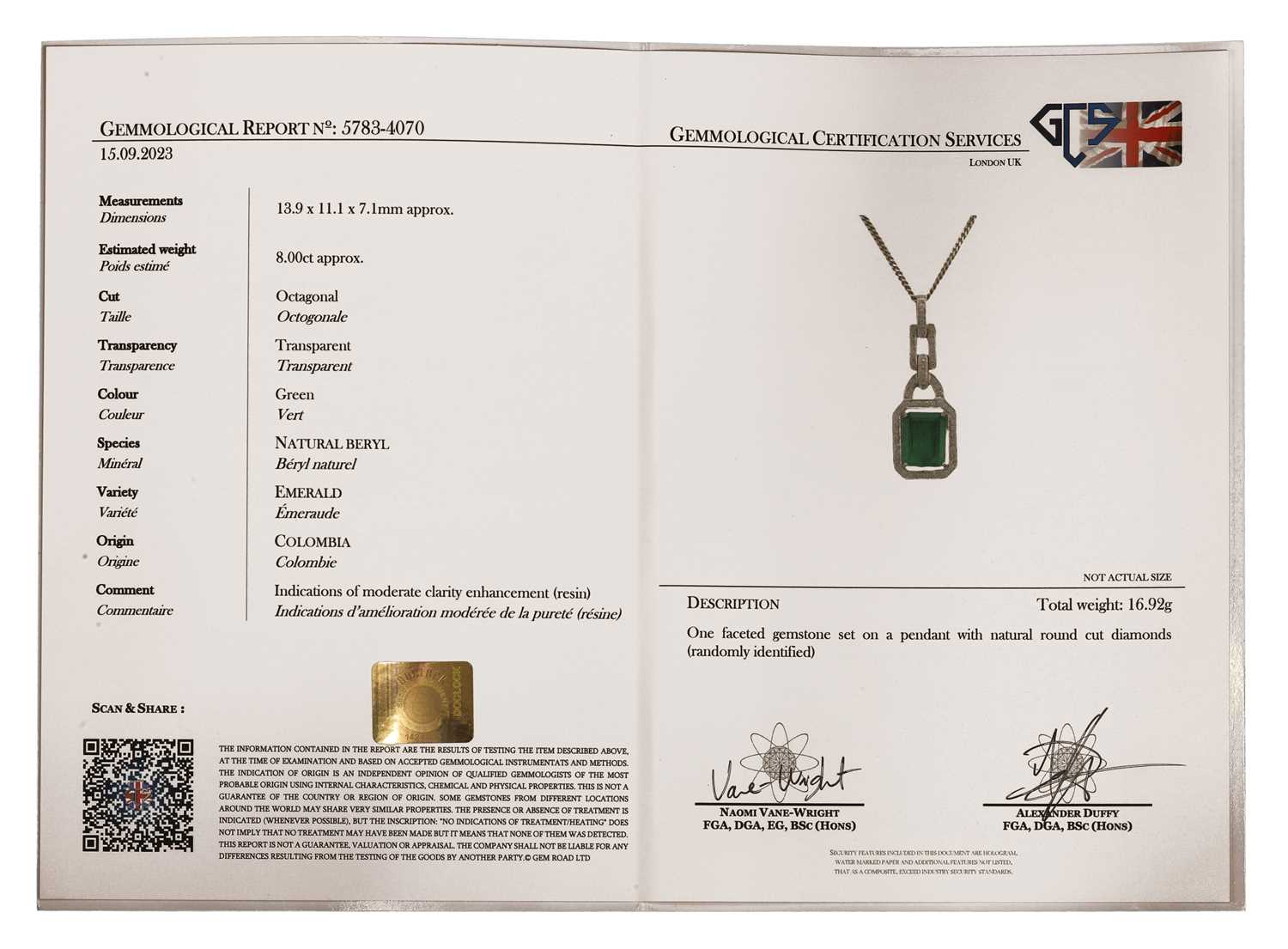 An 18ct white gold Colombian emerald and diamond pendant and chain, - Image 3 of 4