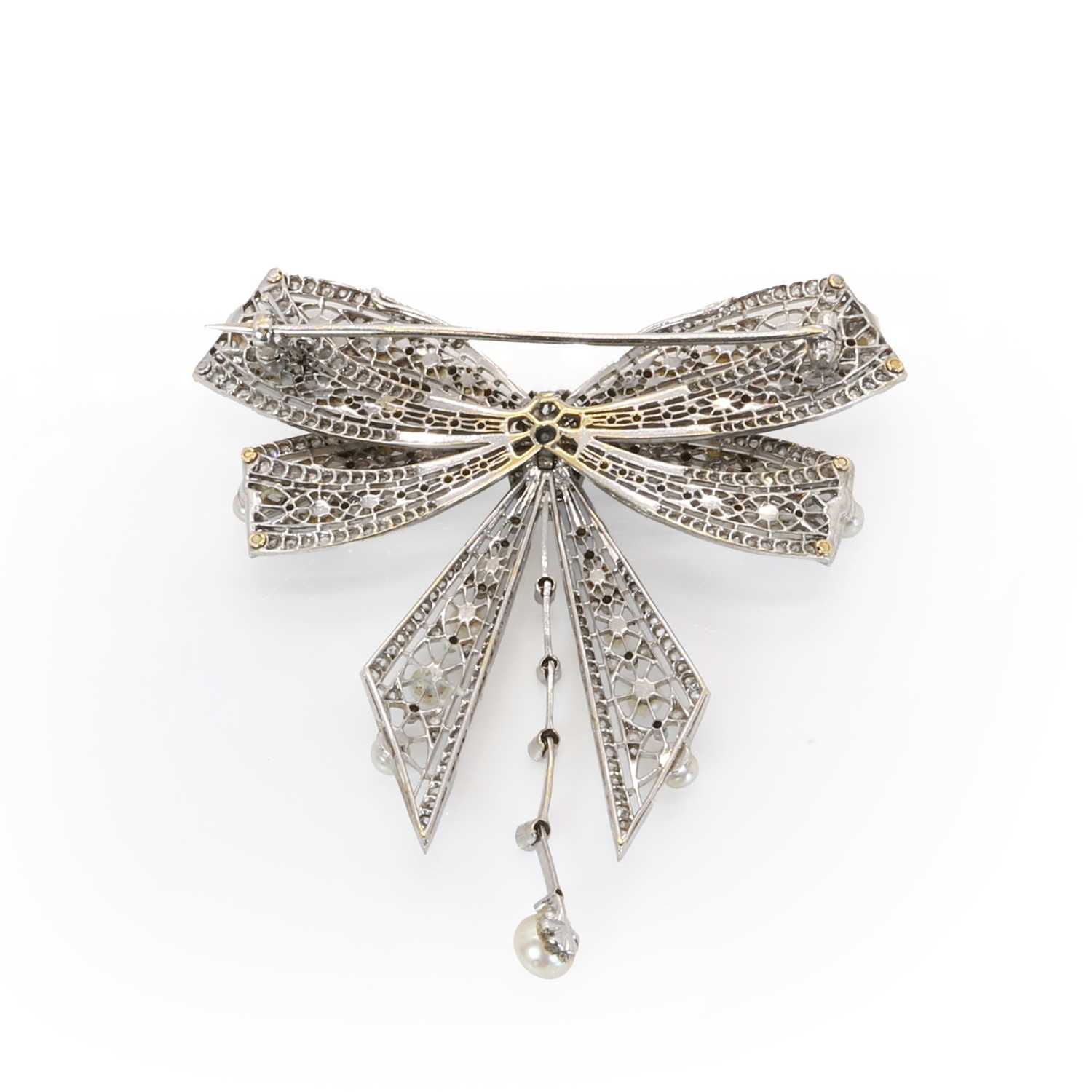 A diamond and pearl ribbon bow brooch, c.1915, - Image 2 of 2