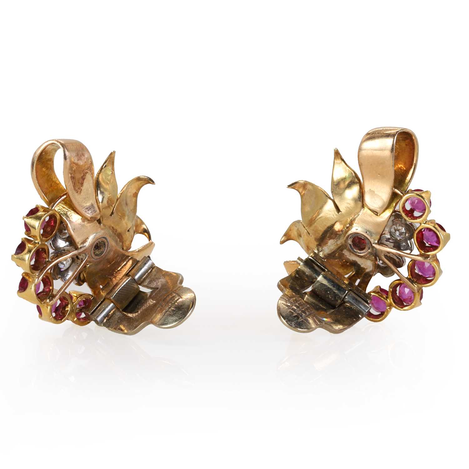 A pair of bicoloured gold ruby and diamond clip earrings, c.1950, - Image 2 of 2