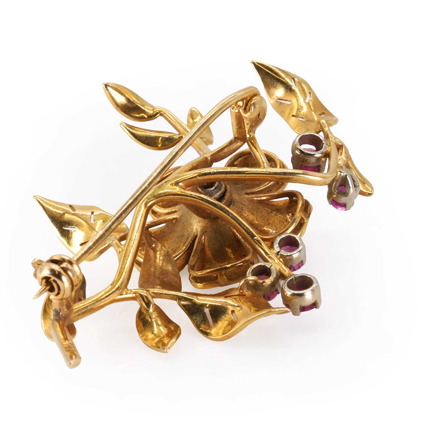 An emerald, diamond and ruby floral brooch, - Image 2 of 2