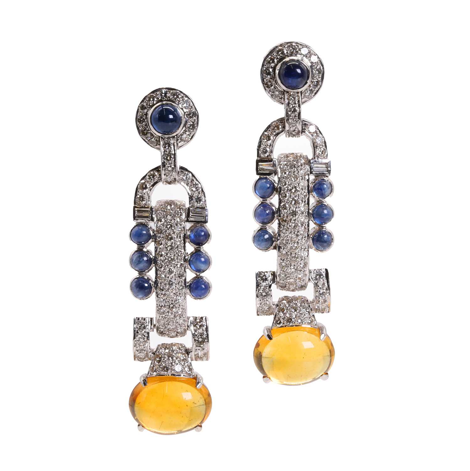 A pair of white gold diamond, sapphire and citrine drop earrings,