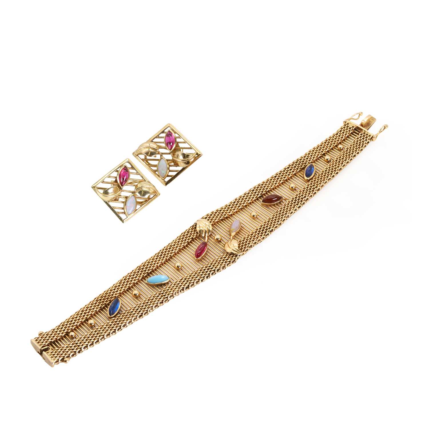 A gold gemstone set mesh bracelet and earring suite,