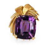 A large cushion cut amethyst brooch, c.1950,