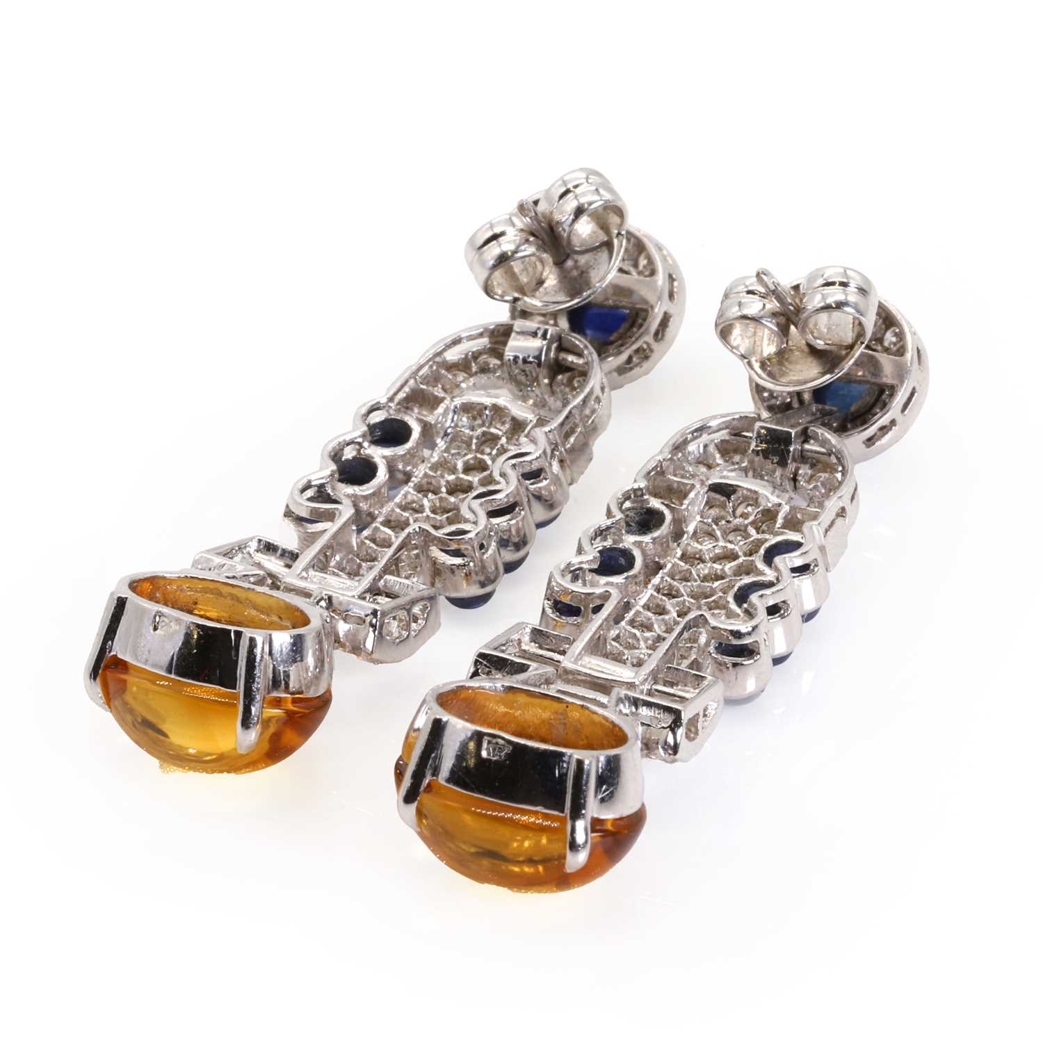 A pair of white gold diamond, sapphire and citrine drop earrings, - Image 2 of 2