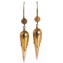 A pair of Victorian Etruscan revival, inverted pippin drop earrings, c.1870,