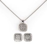 An 18ct white gold diamond pendant and earring set set,