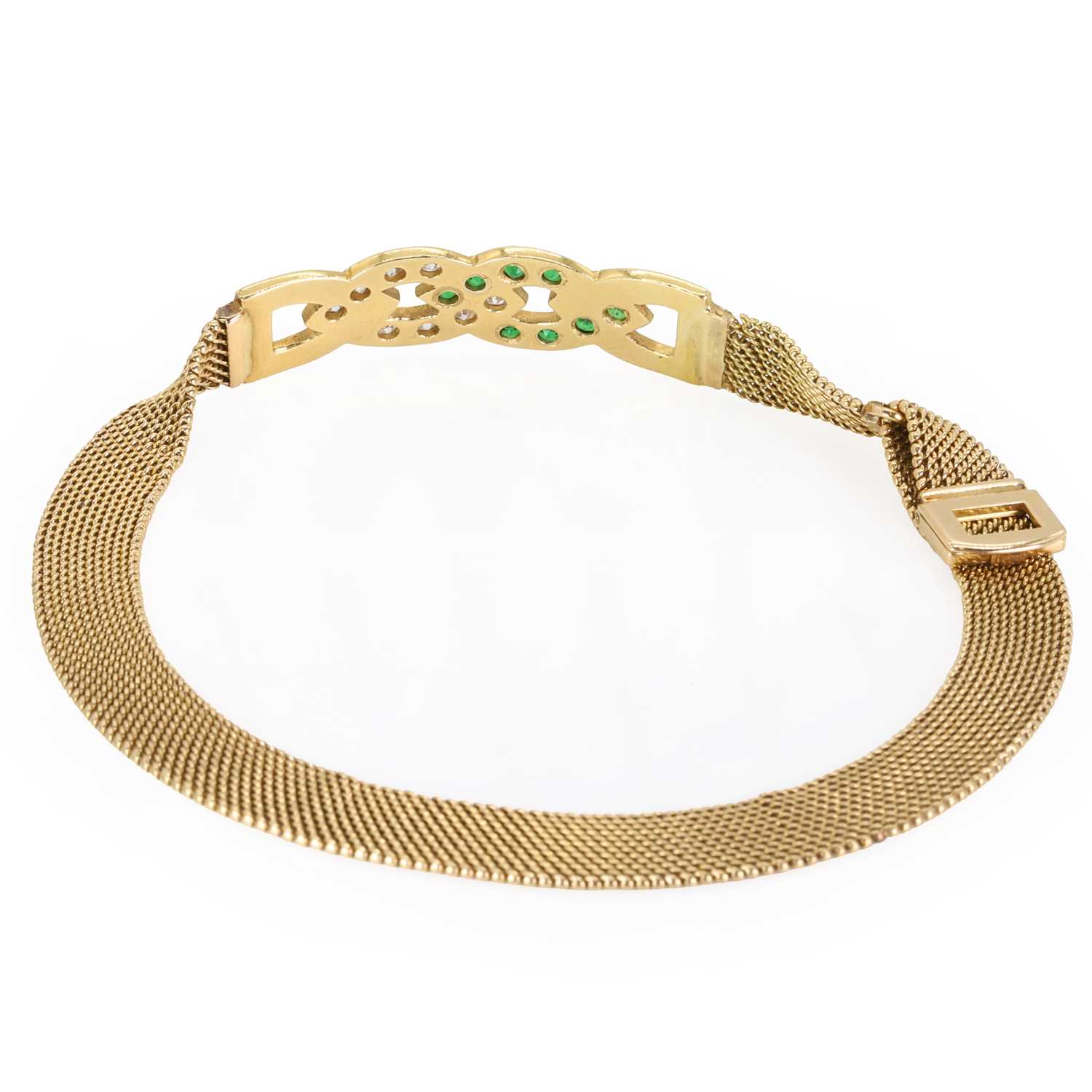 A gold diamond and emerald mesh link bracelet, - Image 2 of 3