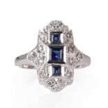 A 14ct white gold Art Deco style sapphire and diamond ring,