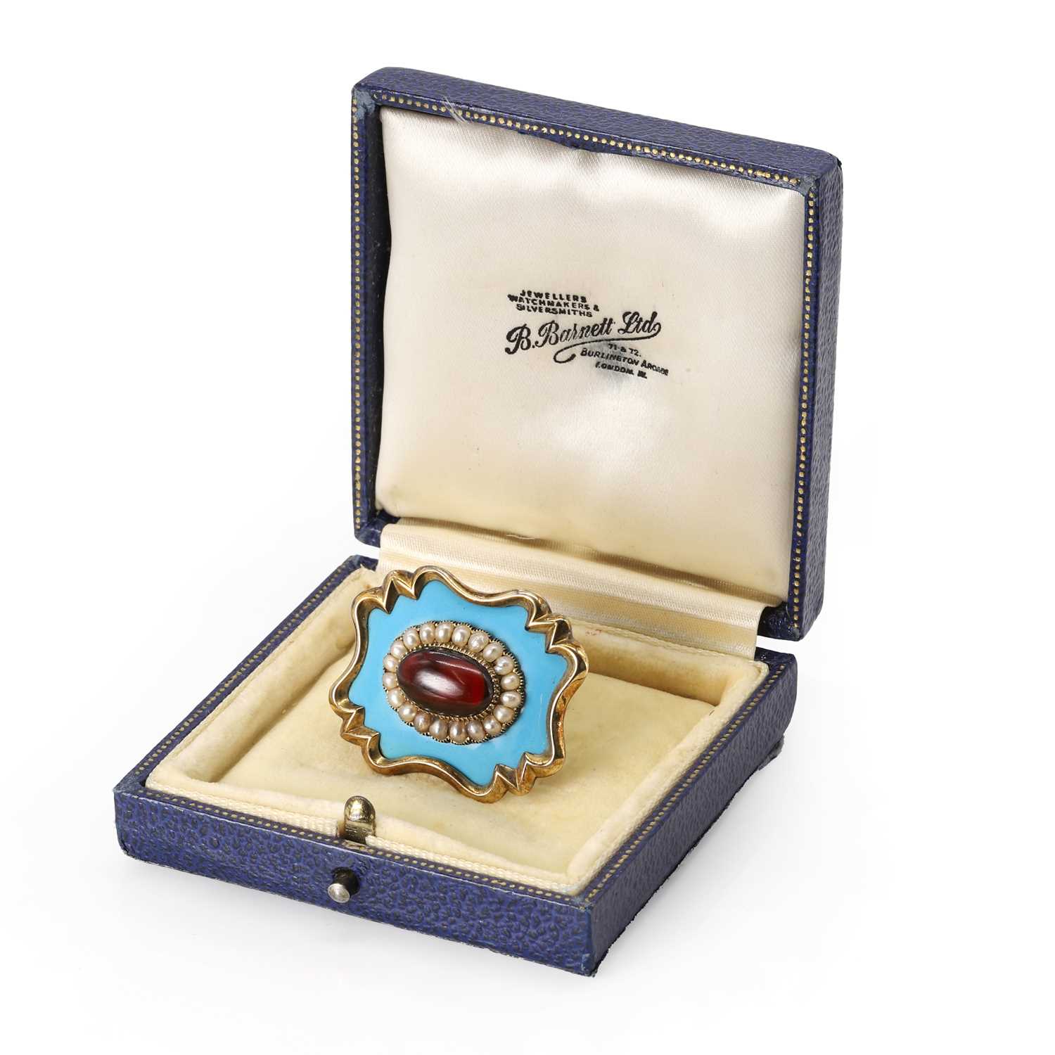 A turquoise enamel, seed pearl and cabochon garnet memorial brooch, - Image 4 of 4