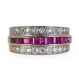 A white gold ruby and diamond three row dress ring,