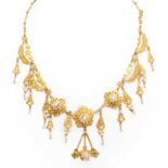 A Middle Eastern gold and seed pearl filigree necklace,