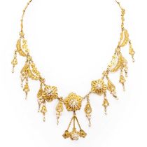 A Middle Eastern gold and seed pearl filigree necklace,