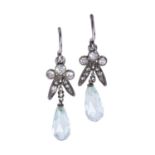 A pair of old cut diamond and aquamarine drop earrings,