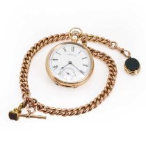 A gold Waltham pocket watch and rose gold Albert chain,