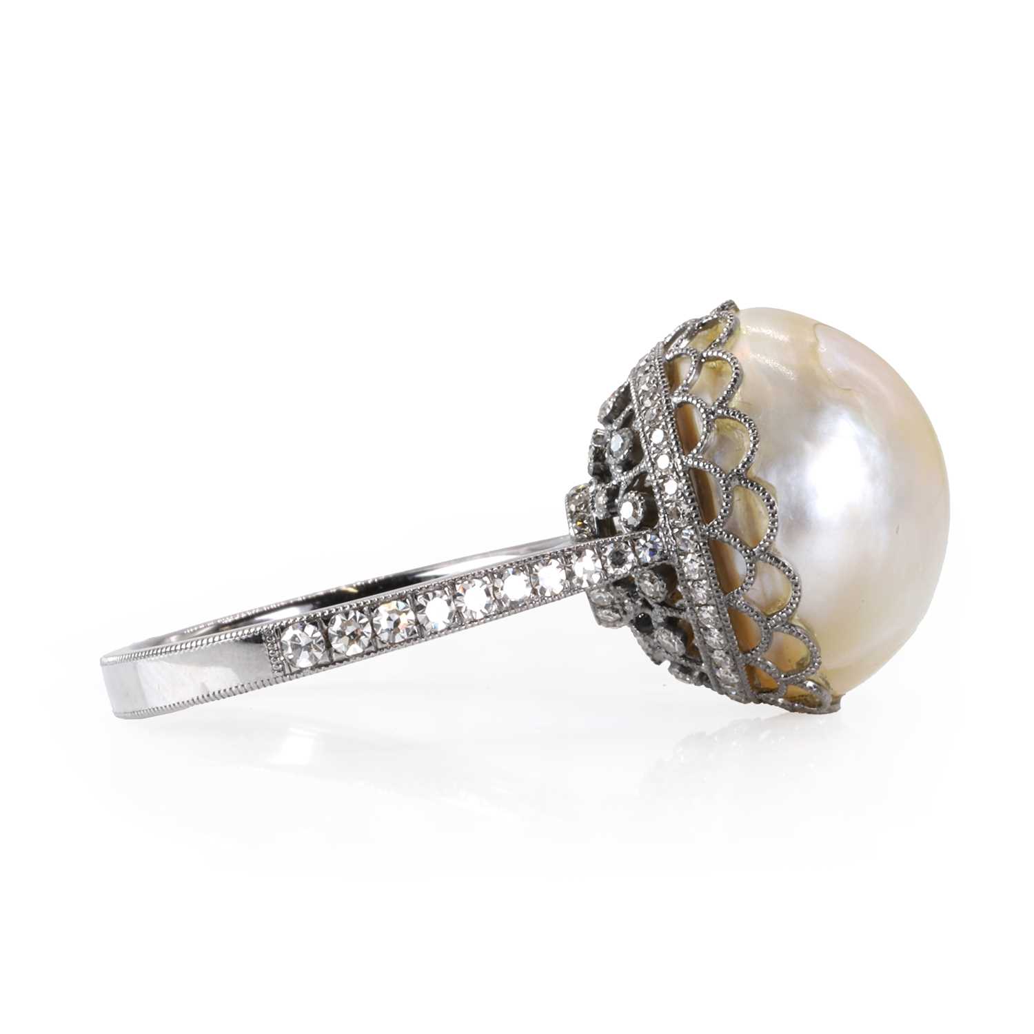 A large natural saltwater pearl ring with diamond set shoulders, - Image 2 of 4
