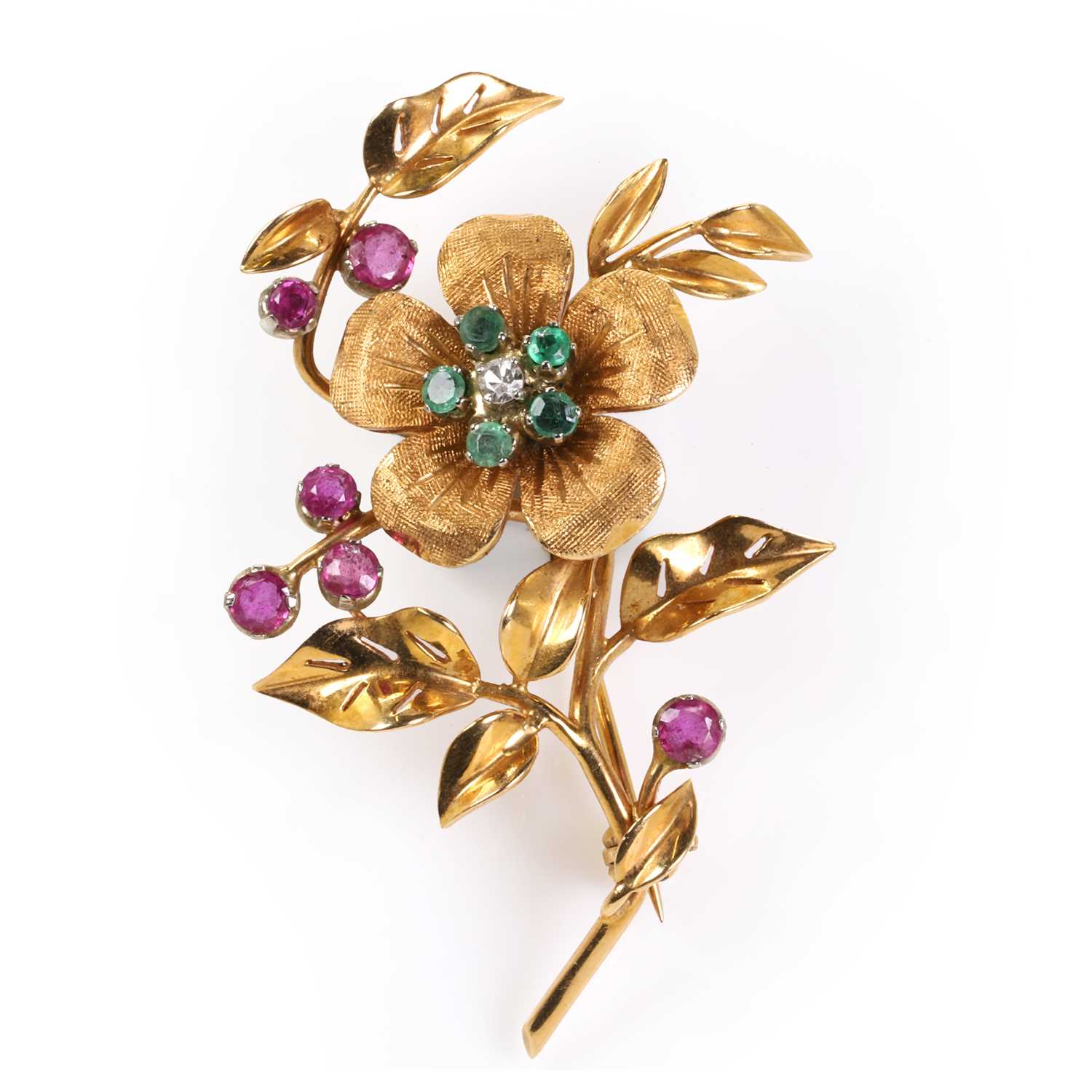 An emerald, diamond and ruby floral brooch,
