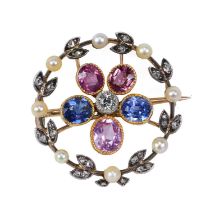 A blue and pink sapphire, diamond and split pearl wreath brooch,