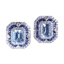 A pair of Art Deco style aquamarine, sapphire and diamond stud earrings,