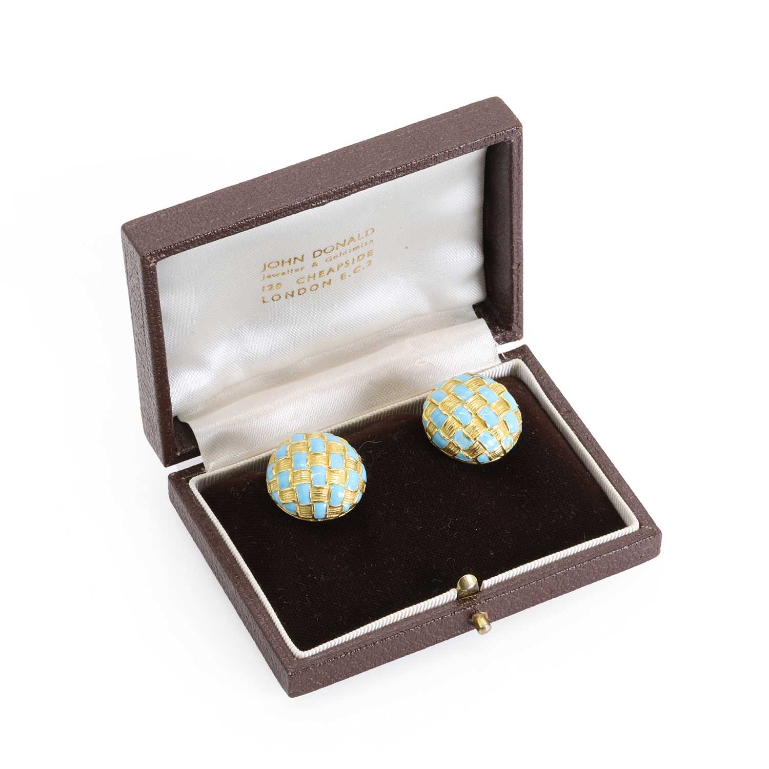 A boxed pair of 18ct gold and enamel clip earrings, by John Donald, - Image 3 of 3