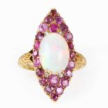 An opal, ruby and pink sapphire marquise form ring,