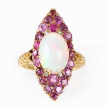 An opal, ruby and pink sapphire marquise form ring,